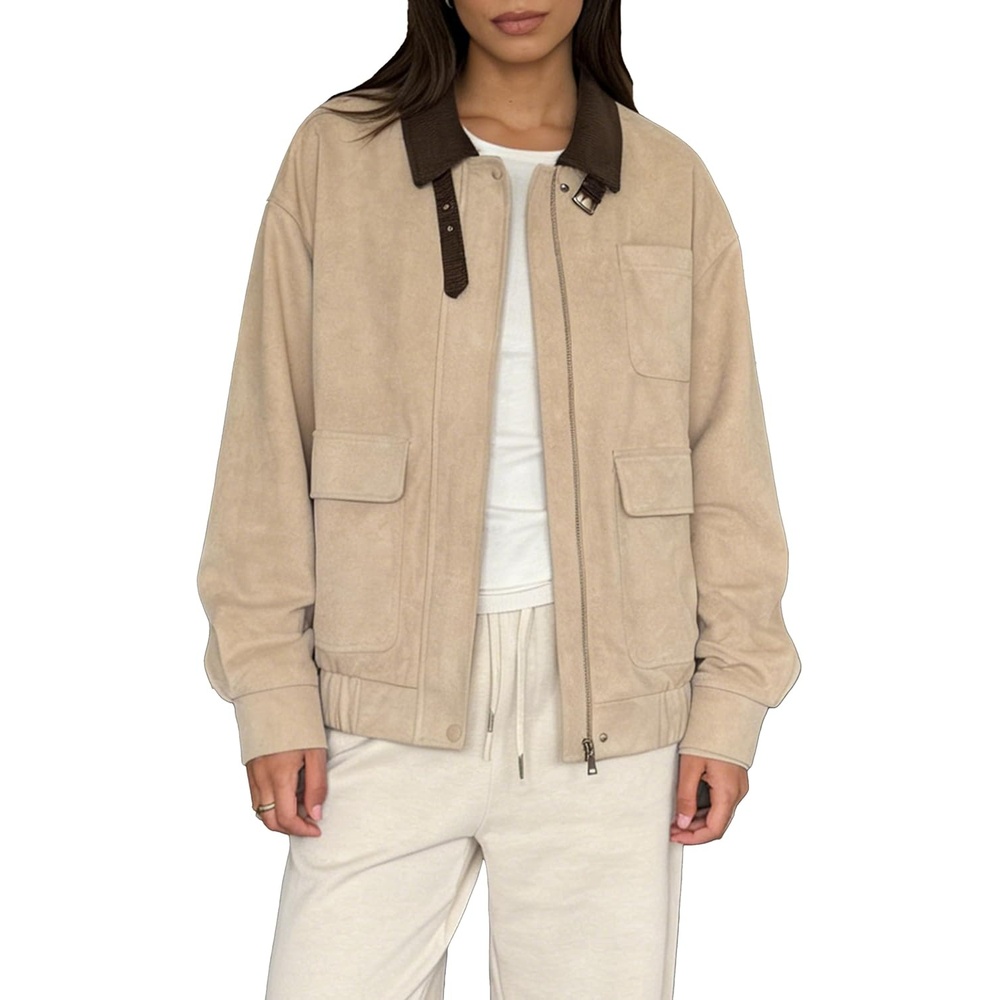 image:imageLadyful Womens Faux Suede Leather Jacket Casual Fall Winter Oversized Bomber Barn Coat Corduroy Collar Trendy OuterwearKhaki