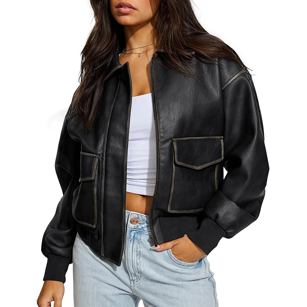 image:imageLeather Jacket for Women Faux Oversized Motorcycle Bomber Jacket Boyfriend Biker Moto CoatGoing Out OutfitsFall And Winter OuterwearY2K Trendy JacketBlack