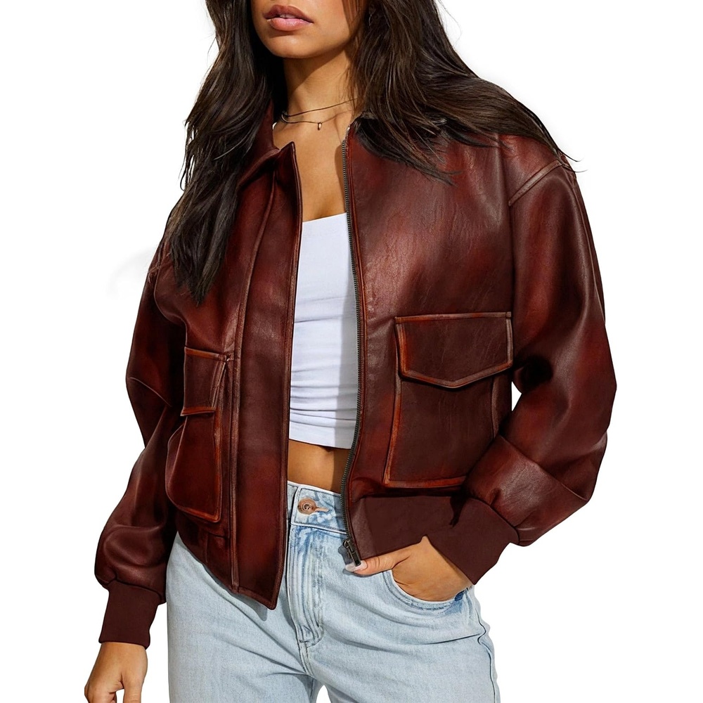 image:imageLeather Jacket for Women Faux Oversized Motorcycle Bomber Jacket Boyfriend Biker Moto CoatGoing Out OutfitsFall And Winter OuterwearY2K Trendy JacketWine