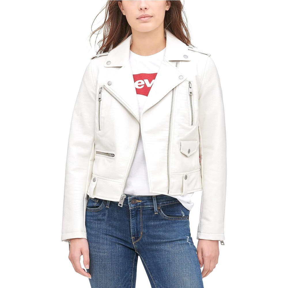 image:imageLevis Womens Faux Leather Contemporary Motorcycle Jacket Standard and PlusWhite Croc