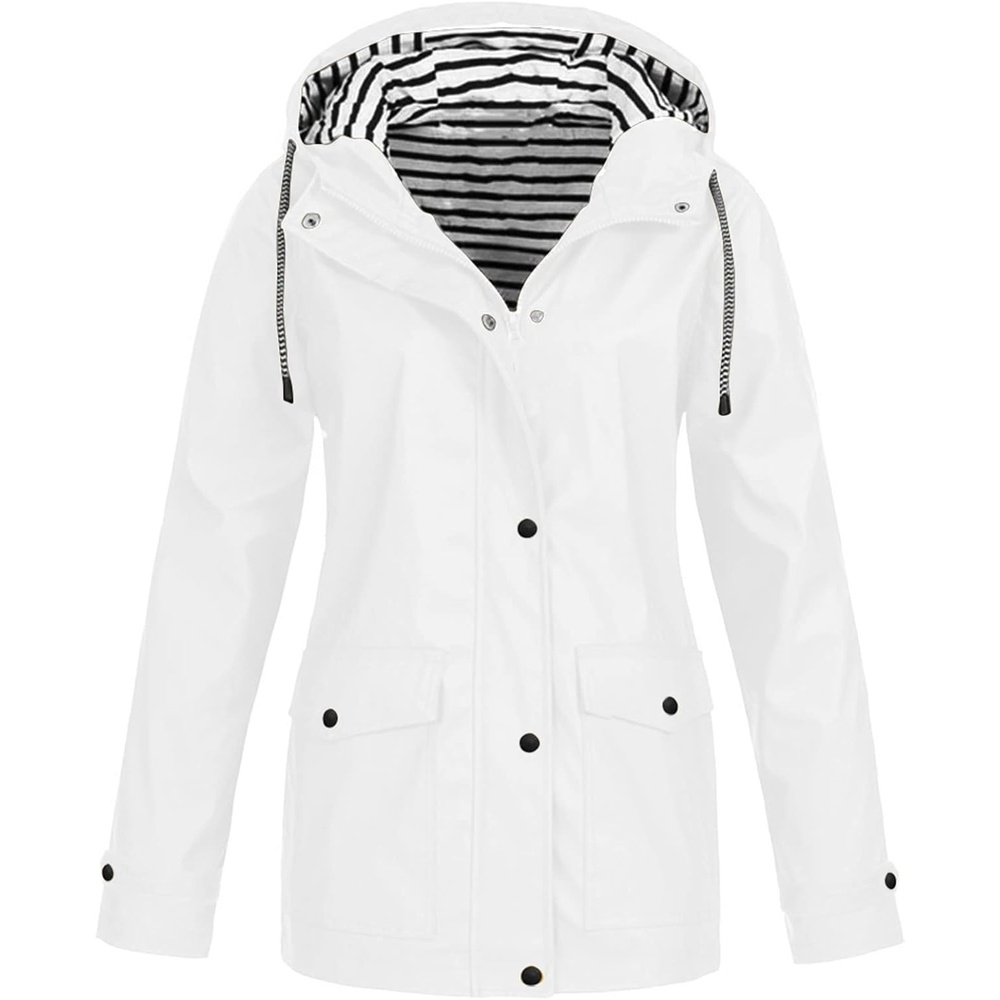 image:imageNAMTYQX Womens Hooded Raincoat Lightweight Fit Plus Size Waterproof Dressy Zip up Rain Jacket Windbreaker with Pockets02white
