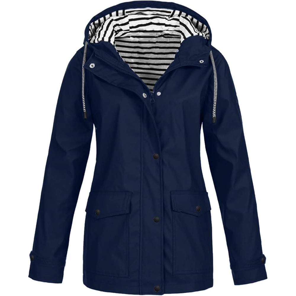 image:imageNAMTYQX Womens Hooded Raincoat Lightweight Fit Plus Size Waterproof Dressy Zip up Rain Jacket Windbreaker with Pockets03dark Blue