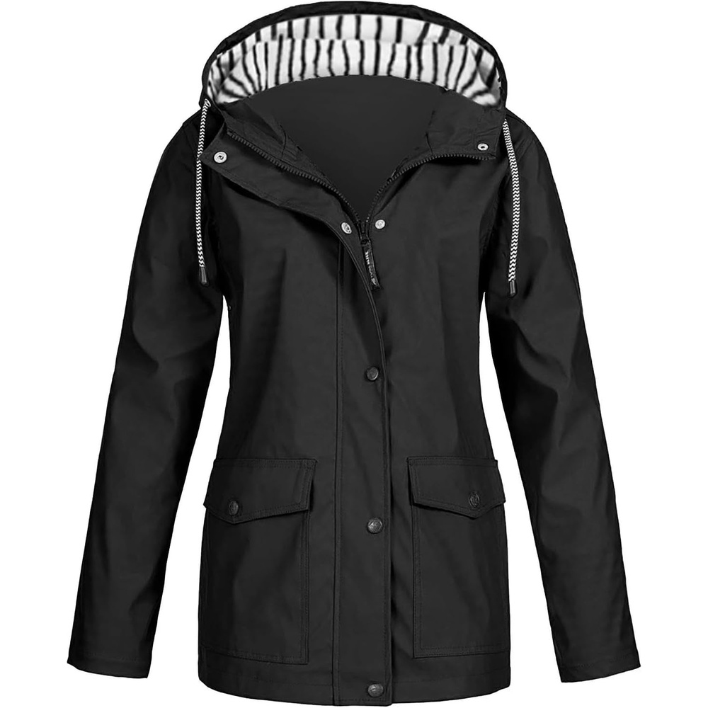 image:imageNAMTYQX Womens Hooded Raincoat Lightweight Fit Plus Size Waterproof Dressy Zip up Rain Jacket Windbreaker with Pockets04black