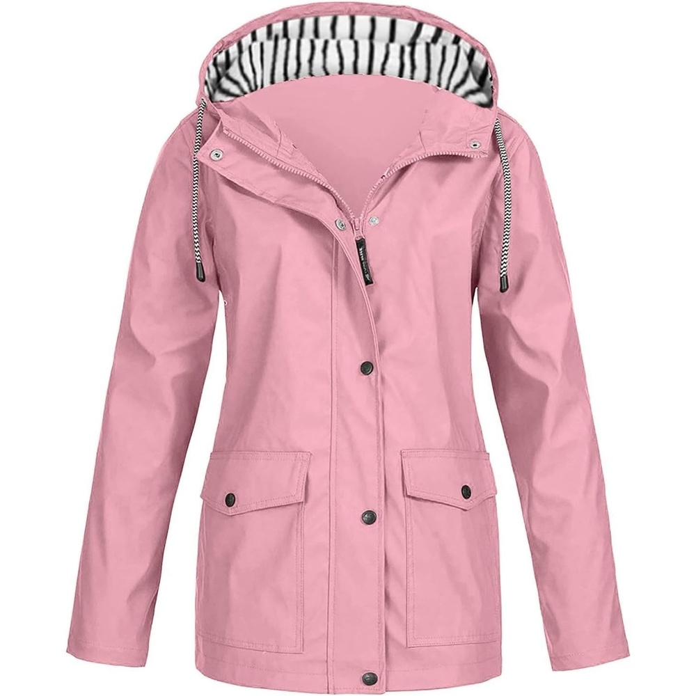 image:imageNAMTYQX Womens Hooded Raincoat Lightweight Fit Plus Size Waterproof Dressy Zip up Rain Jacket Windbreaker with Pockets05pink