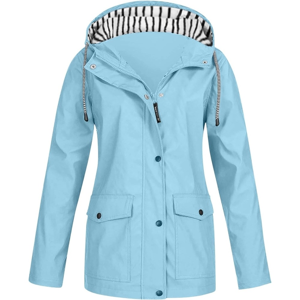 image:imageNAMTYQX Womens Hooded Raincoat Lightweight Fit Plus Size Waterproof Dressy Zip up Rain Jacket Windbreaker with Pockets10light Blue