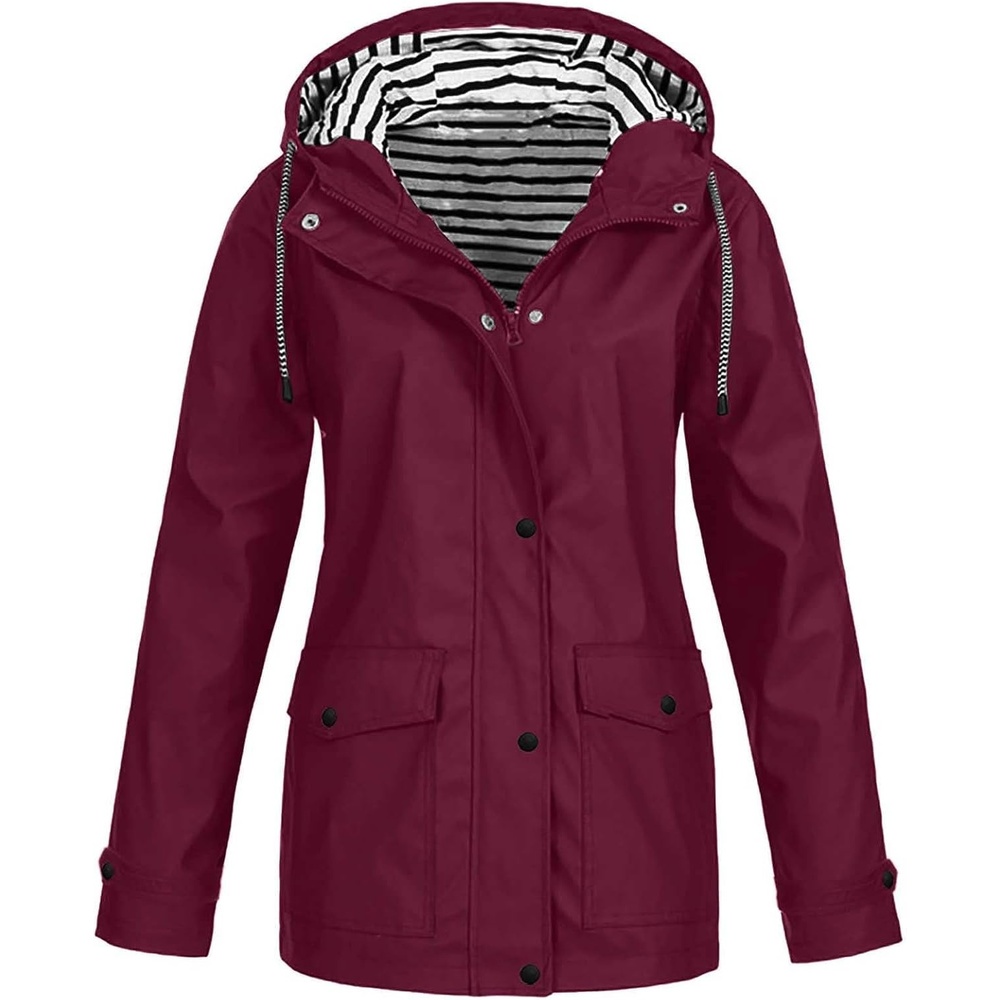 image:imageNAMTYQX Womens Hooded Raincoat Lightweight Fit Plus Size Waterproof Dressy Zip up Rain Jacket Windbreaker with PocketsWine