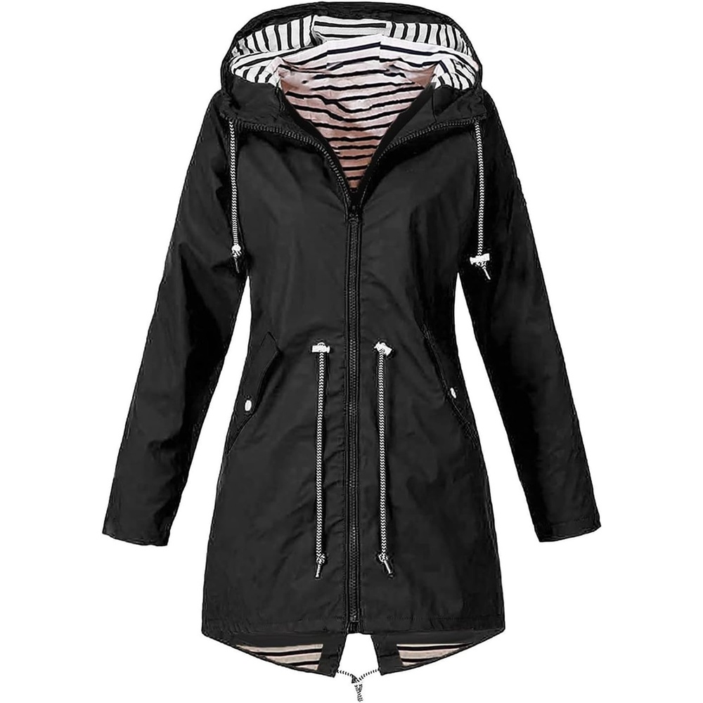image:imageNAMTYQX Womens Hooded Raincoat Lightweight Fit Plus Size Waterproof Dressy Zip up Rain Jacket Windbreaker with PocketsZblack