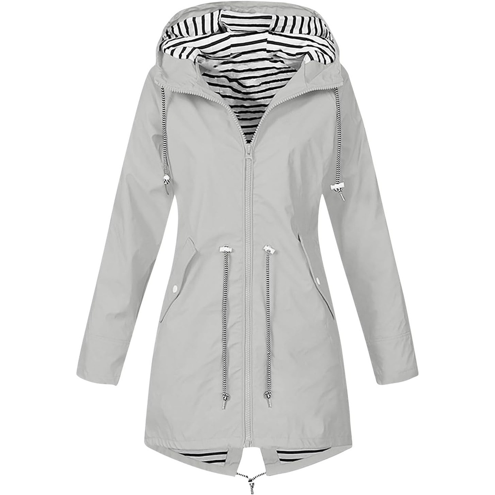 image:imageNAMTYQX Womens Hooded Raincoat Lightweight Fit Plus Size Waterproof Dressy Zip up Rain Jacket Windbreaker with PocketsZlight Gray