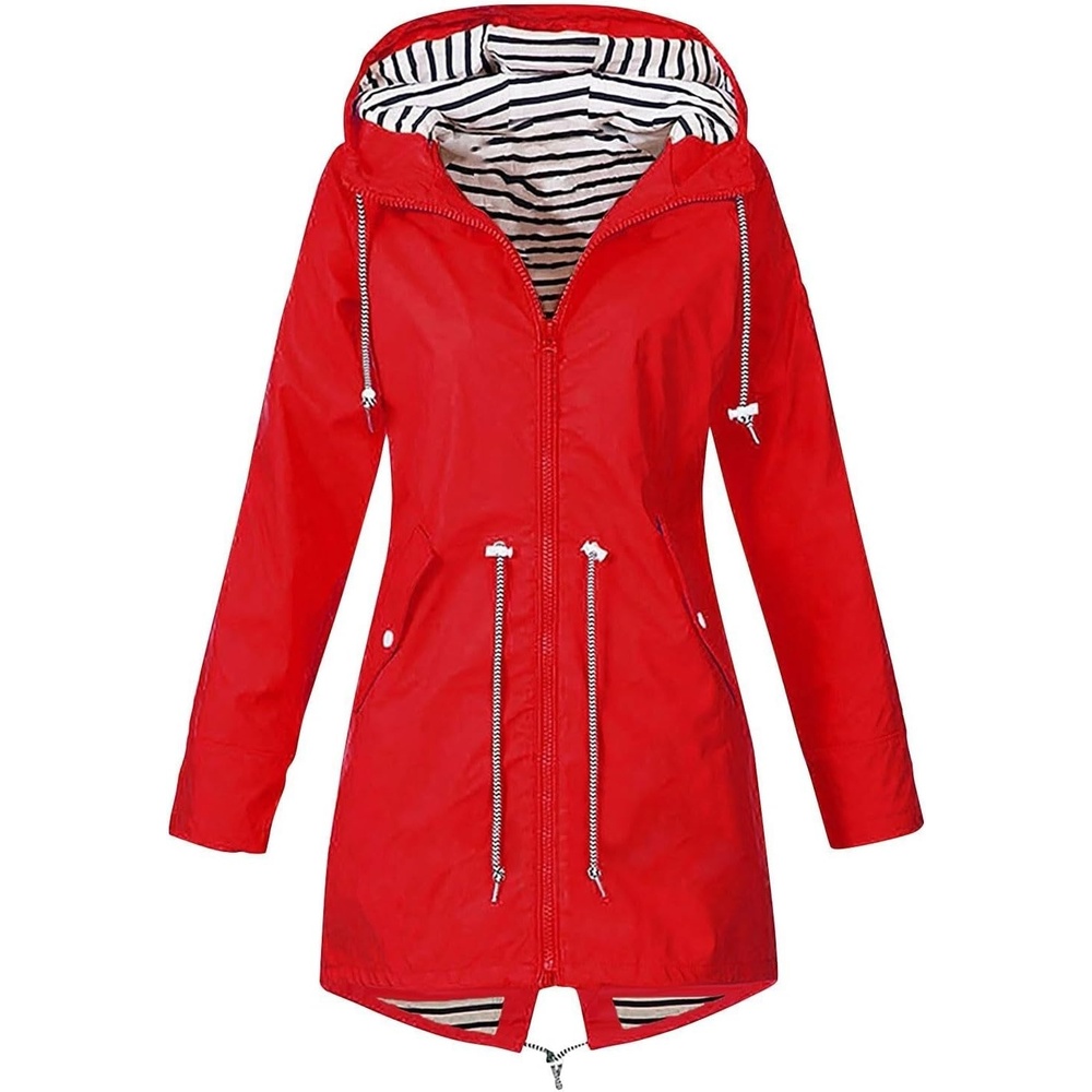 image:imageNAMTYQX Womens Hooded Raincoat Lightweight Fit Plus Size Waterproof Dressy Zip up Rain Jacket Windbreaker with PocketsZred