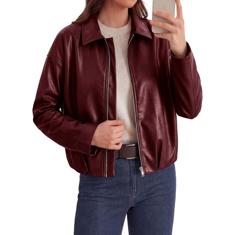 image:imagePRETTYGARDEN Faux Leather Motorcycle Jackets Womens Coat Cropped Zip Up Collared Trendy Fall Outerwear Gathered Hem Winter Layering Clothes Casual Going Out Date Night OutfitBurgundy