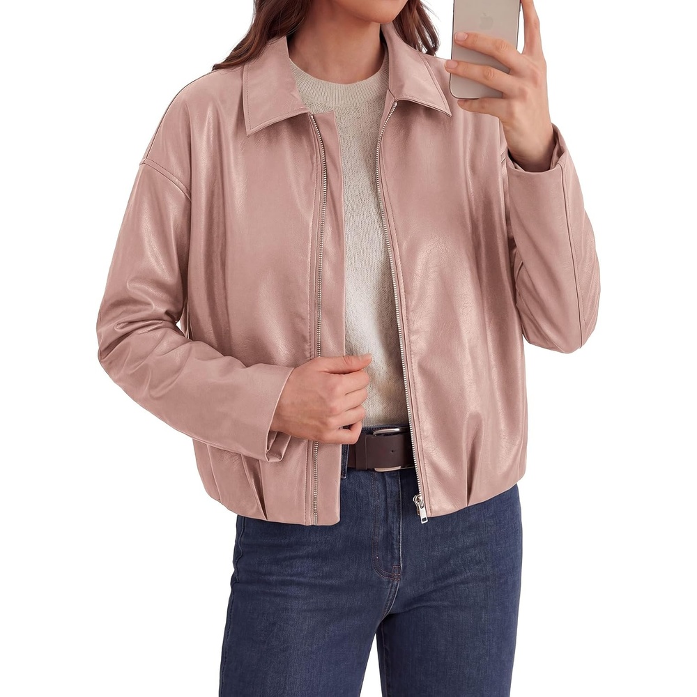 image:imagePRETTYGARDEN Faux Leather Motorcycle Jackets Womens Coat Cropped Zip Up Collared Trendy Fall Outerwear Gathered Hem Winter Layering Clothes Casual Going Out Date Night OutfitPink