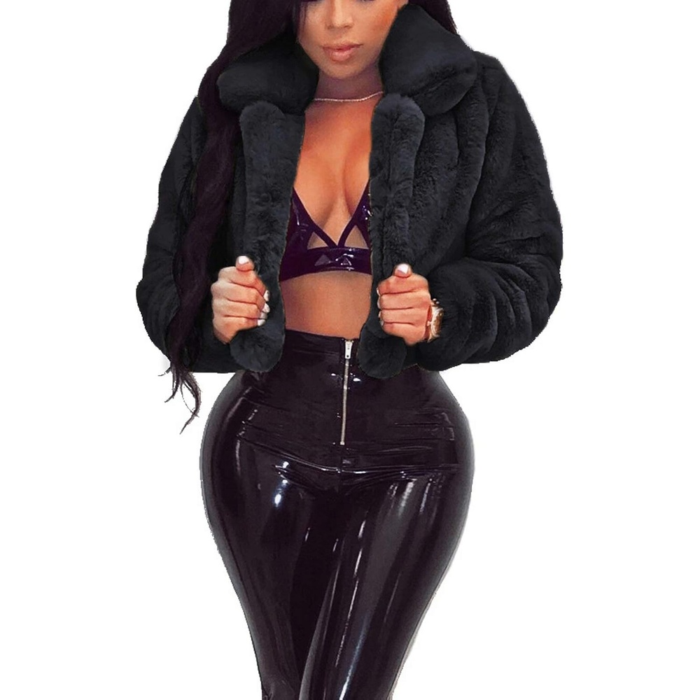 image:imageRAMOUG Women Faux Fur Jacket Crop Fuzzy Lapel Outerwear Coat Faux Fur CoatShort Fluffy OuterwearCrop Puffy JacketOpen FrontWarmSoft LiningSolidShaggy CardiganWinterPartyClubBlack