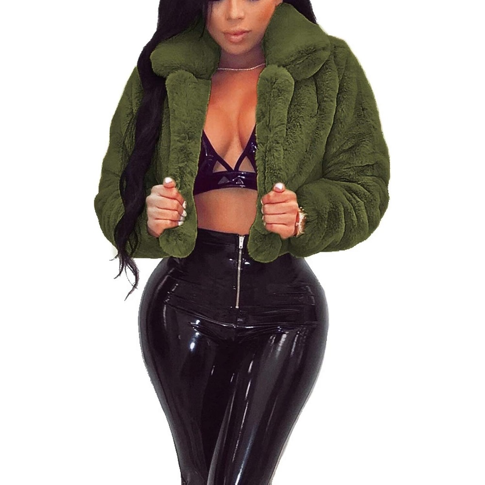 image:imageRAMOUG Women Faux Fur Jacket Crop Fuzzy Lapel Outerwear Coat Faux Fur CoatShort Fluffy OuterwearCrop Puffy JacketOpen FrontWarmSoft LiningSolidShaggy CardiganWinterPartyClubArmy Green