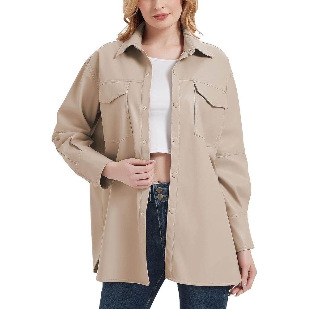image:imageRISISSIDA Women Faux Leather Shacket JacketPleather ShirtsRelaxed Fit Brushed LiningFlap Chest PocketsButton DownPremium Vegan Leather BlouseSpring Fall TransitionalBeige