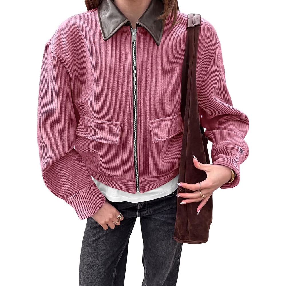 image:imageTankaneo Womens Cropped Corduroy Jackets Oversized Zip Up Barn Bomber Coat  Lightweight Trendy Casual Streetwear Fall Spring Corduroy Shacket Faux Leather Collar Short Length PocketsPink