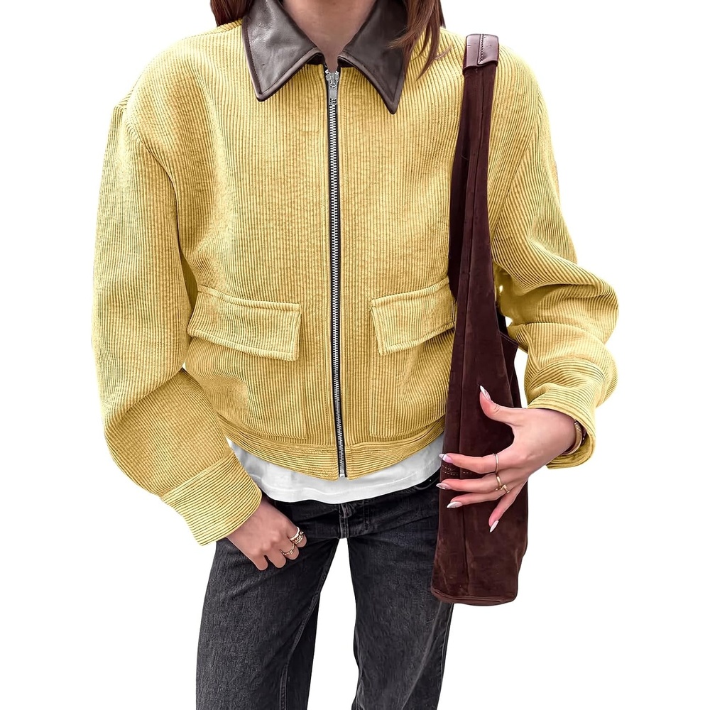 image:imageTankaneo Womens Cropped Corduroy Jackets Oversized Zip Up Barn Bomber Coat Lightweight Trendy Casual Streetwear Fall Spring Corduroy Shacket Faux Leather Collar Short Length PocketsYellow