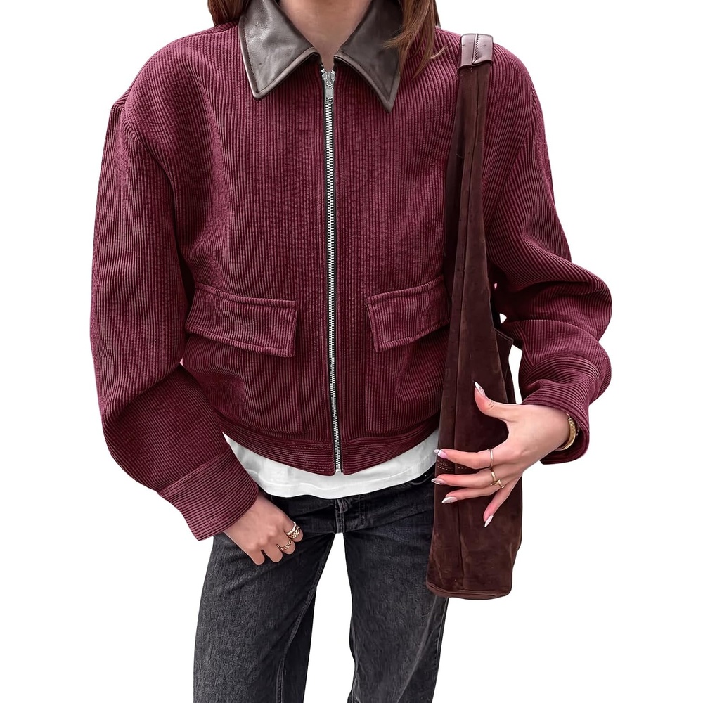 image:imageTankaneo Womens Cropped Corduroy Jackets Oversized Zip Up Barn Bomber Coat Lightweight Trendy Casual Streetwear Fall Spring Corduroy Shacket Faux Leather Collar Short Length PocketsWine Red