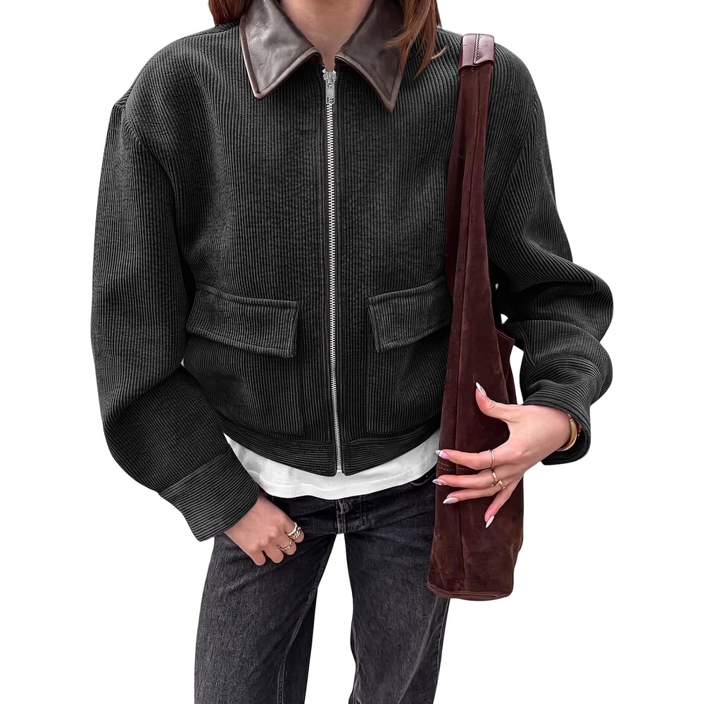 image:imageTankaneo Womens Cropped Corduroy Jackets Oversized Zip Up Barn Bomber Coat Lightweight Trendy Casual Streetwear Fall Spring Corduroy Shacket Faux Leather Collar Short Length PocketsBlack