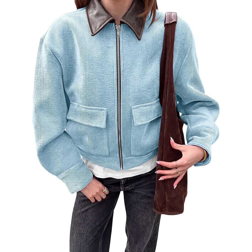 image:imageTankaneo Womens Cropped Corduroy Jackets Oversized Zip Up Barn Bomber Coat  Lightweight Trendy Casual Streetwear Fall Spring Corduroy Shacket Faux Leather Collar Short Length PocketsBlue