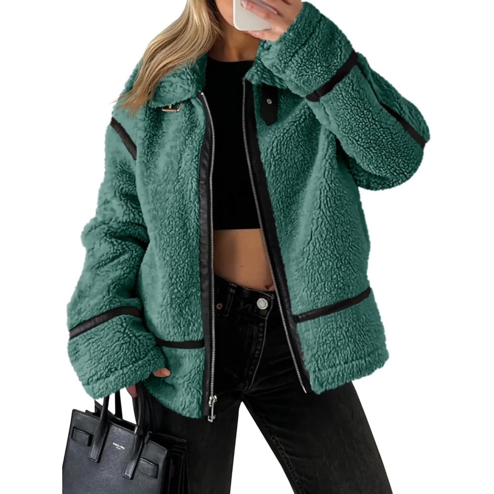 image:imageTankaneo Womens Faux Fur Jackets Winter Trendy Sherpa Moto Zip Up Coat Leather PatchworkArmy Green