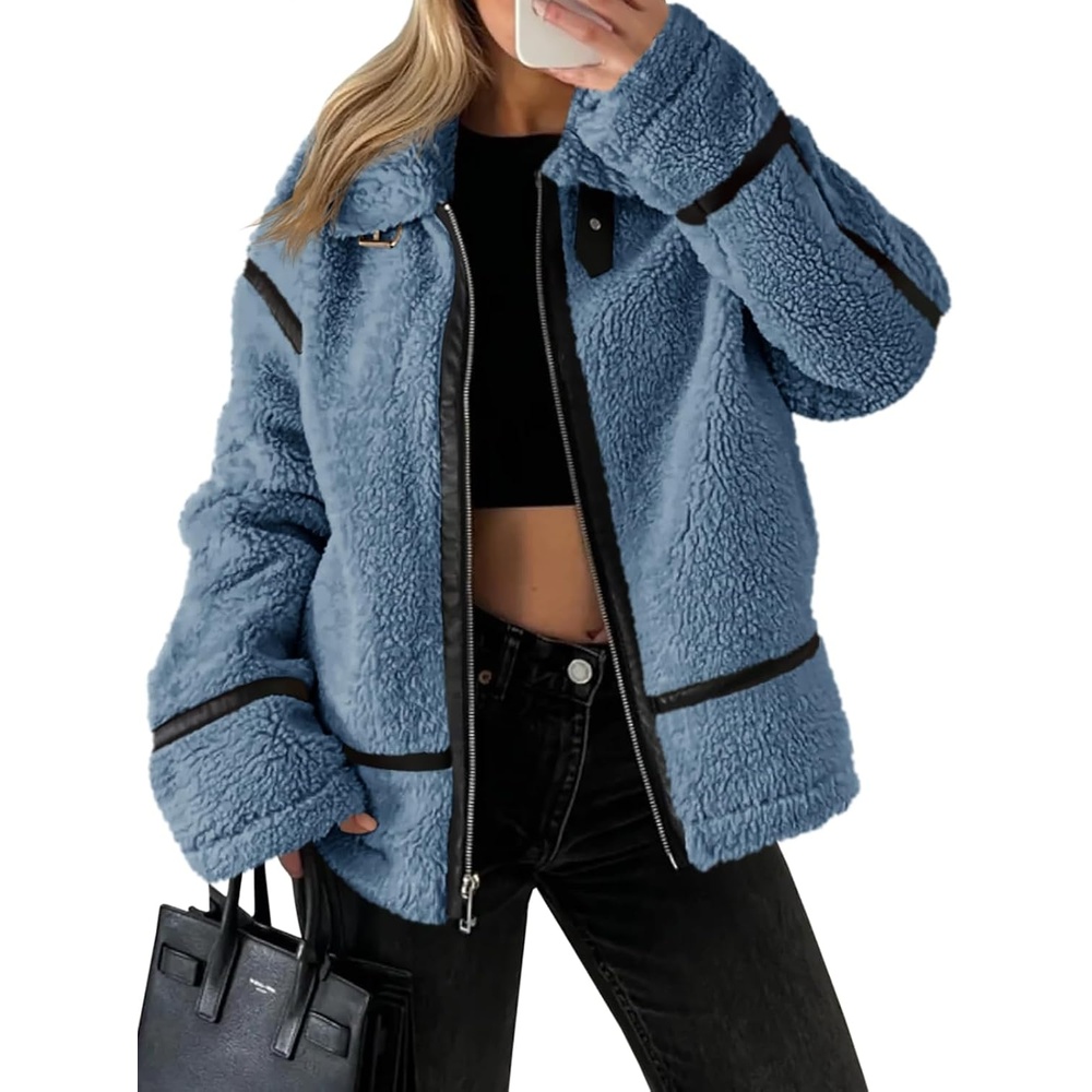 image:imageTankaneo Womens Faux Fur Jackets Winter Trendy Sherpa Moto Zip Up Coat Leather PatchworkBlue