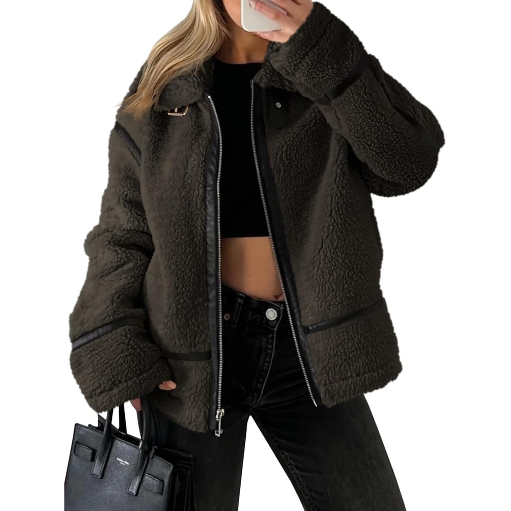 image:imageTankaneo Womens Faux Fur Jackets Winter Trendy Sherpa Moto Zip Up Coat Leather PatchworkBrown