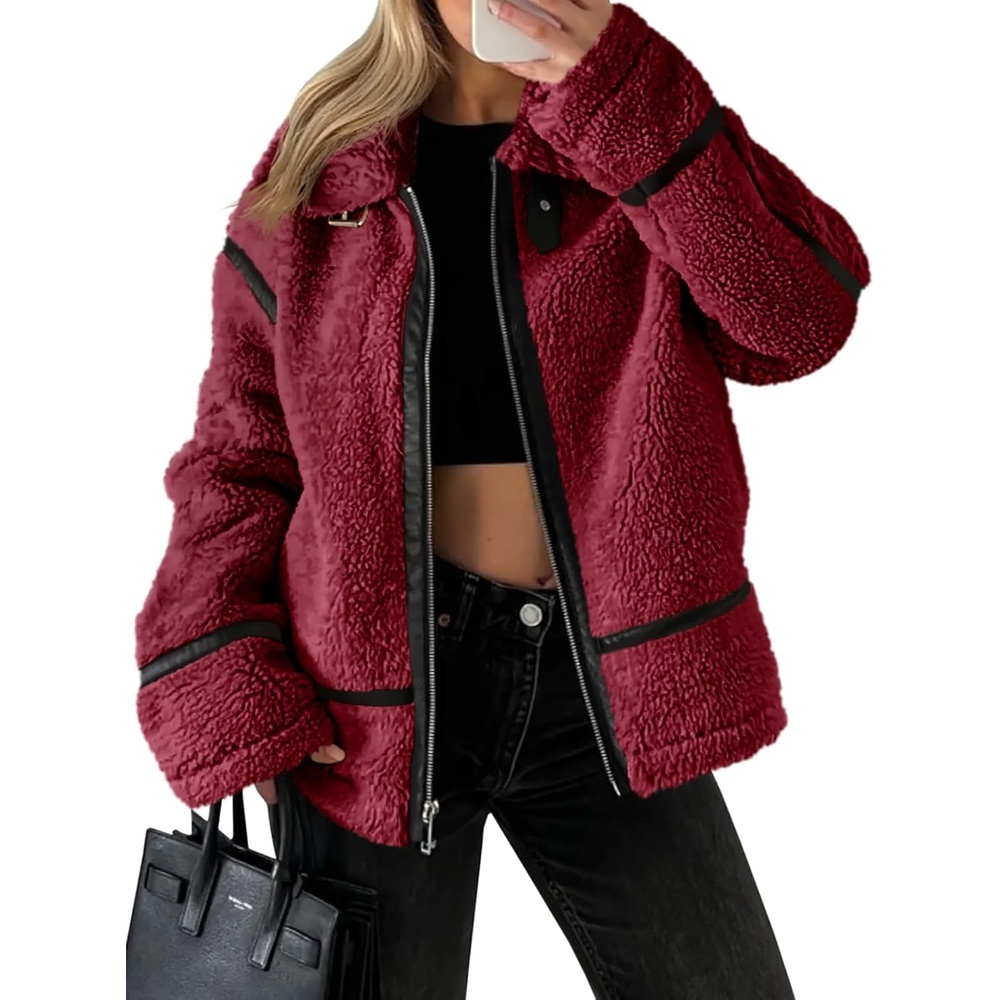 image:imageTankaneo Womens Faux Fur Jackets Winter Trendy Sherpa Moto Zip Up Coat Leather PatchworkBurgundy