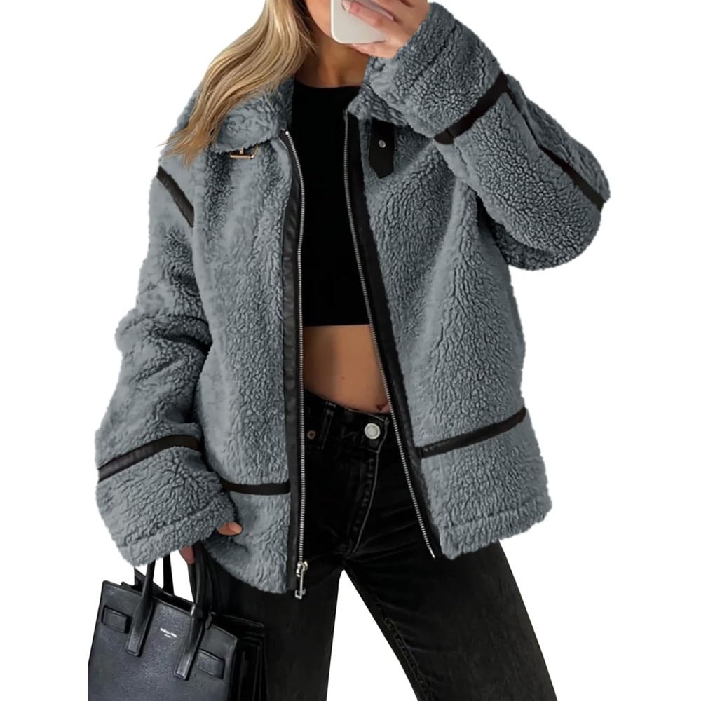 image:imageTankaneo Womens Faux Fur Jackets Winter Trendy Sherpa Moto Zip Up Coat Leather PatchworkDark Grey