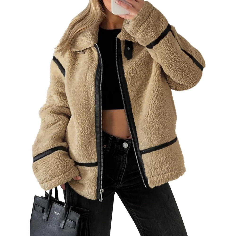 image:imageTankaneo Womens Faux Fur Jackets Winter Trendy Sherpa Moto Zip Up Coat  Leather PatchworkKhaki