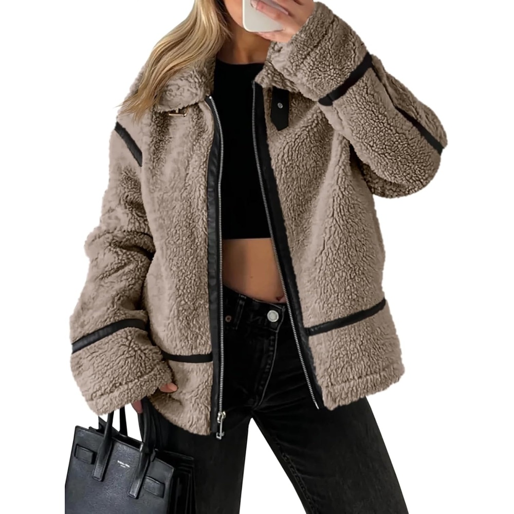 image:imageTankaneo Womens Faux Fur Jackets Winter Trendy Sherpa Moto Zip Up Coat Leather PatchworkLight Brown