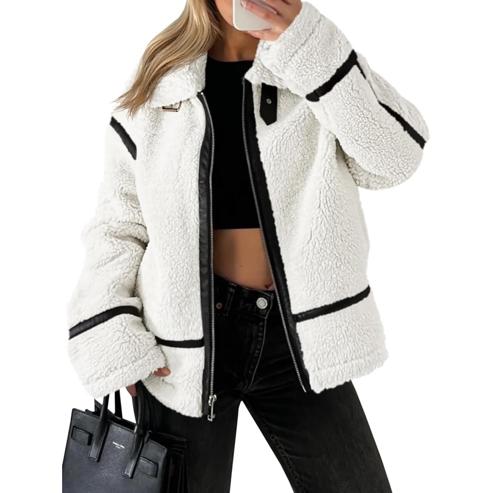 image:imageTankaneo Womens Faux Fur Jackets Winter Trendy Sherpa Moto Zip Up Coat Leather PatchworkWhite