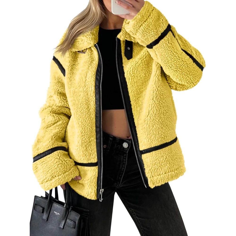 image:imageTankaneo Womens Faux Fur Jackets Winter Trendy Sherpa Moto Zip Up Coat  Leather PatchworkYellow
