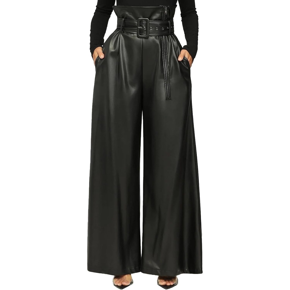 image:imageTcremisa Leather Pants Women High Waisted Faux Leather Wide Leg Pant Stretchy Pu TrousersHigh RiseStraight LegAnkle Length Pants with BeltLoose BaggyTrendy Casual StreetwearBlack