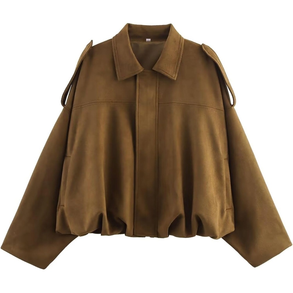 image:imageWOWULOVELY Womens Faux Suede Bomber Jacket Lapel Pilot Motorcycle Coat Spring Long Sleeves Trendy Streetwear Outerwear01pocket Brown
