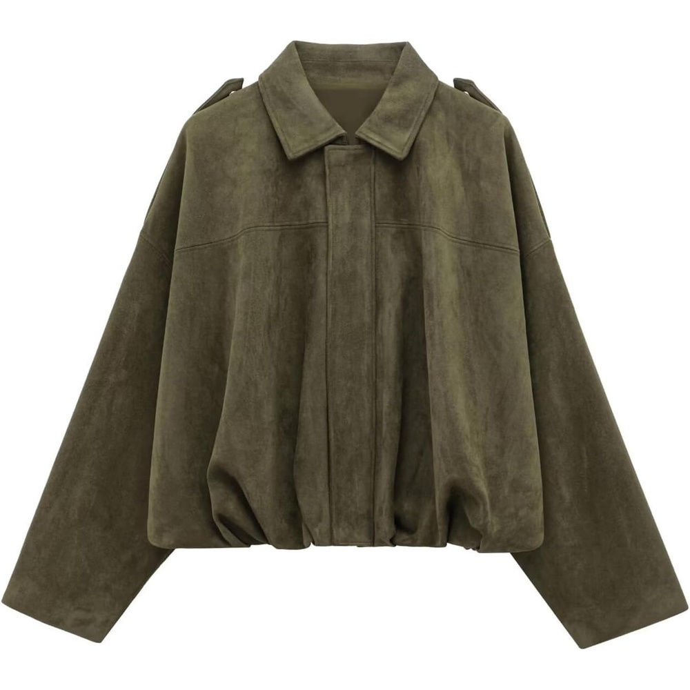image:imageWOWULOVELY Womens Faux Suede Bomber Jacket Lapel Pilot Motorcycle Coat Spring Long Sleeves Trendy Streetwear OuterwearArmy Green