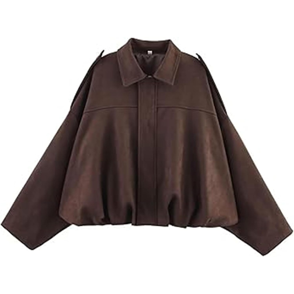 image:imageWOWULOVELY Womens Faux Suede Bomber Jacket Lapel Pilot Motorcycle Coat Spring Long Sleeves Trendy Streetwear OuterwearCoffee
