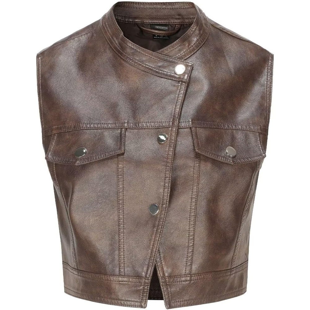 image:imageWomen Faux Leather Vest Rivet Moto Biker Motorcycle Waistcoat soft PU leathercropped slim silhouetterivet buckle decorationchest decorative pocketzip layering vest117 Dark Brown