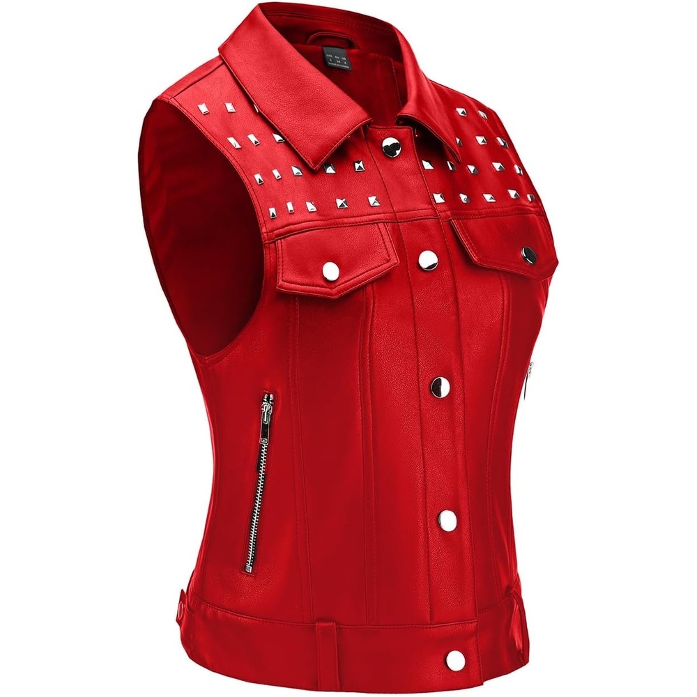 image:imageWomen Faux Leather Vest Rivet Moto Biker Motorcycle Waistcoat soft PU leathercropped slim silhouetterivet buckle decorationchest decorative pocketzip layering vest119 Red