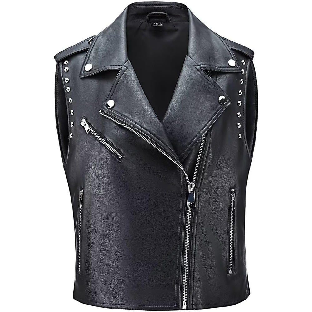 image:imageWomen Faux Leather Vest Rivet Moto Biker Motorcycle Waistcoat soft PU leathercropped slim silhouetterivet buckle decorationchest decorative pocketzip layering vest118 Black