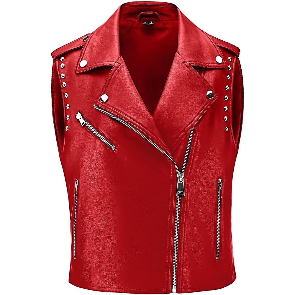 image:imageWomen Faux Leather Vest Rivet Moto Biker Motorcycle Waistcoat soft PU leathercropped slim silhouetterivet buckle decorationchest decorative pocketzip layering vest118 Red