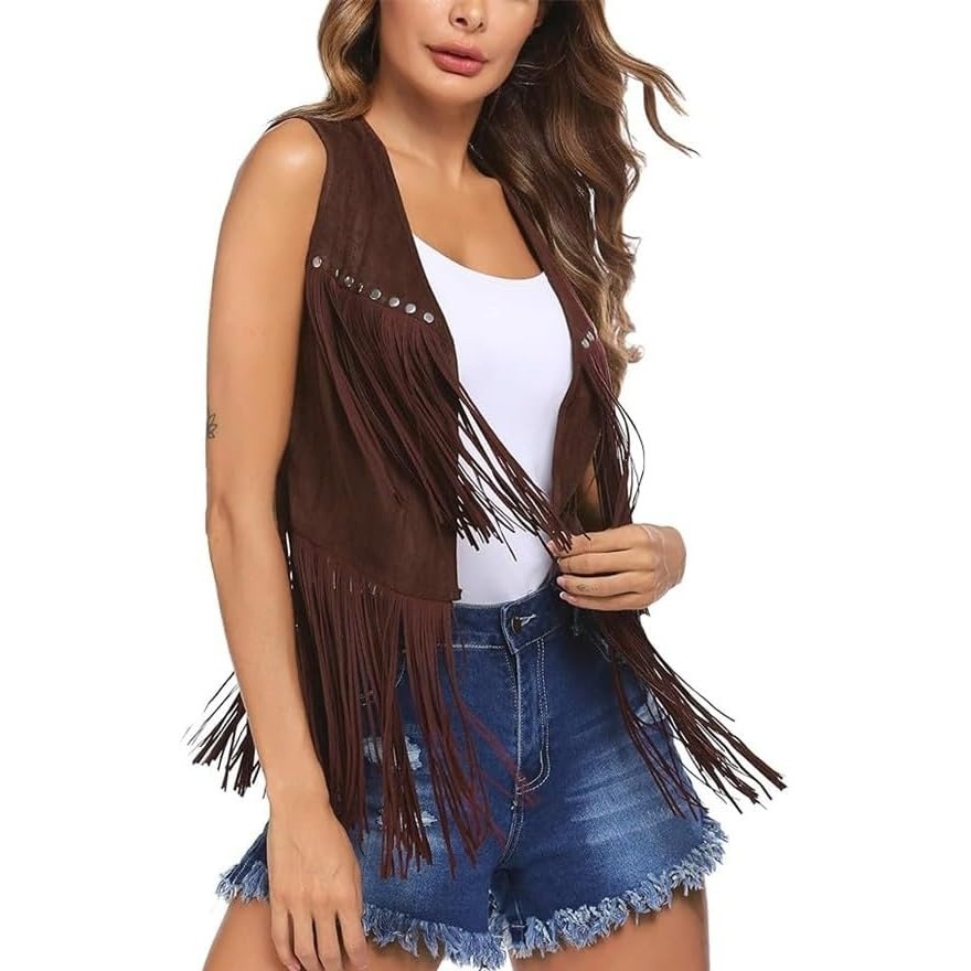 image:imageWomen Tassel Studded Vest Sleeveless Flowy Fringe Jacket 60s 70s Faux Suede Gilet Coat Western Cowgirl Vintage TopsCdark Brown