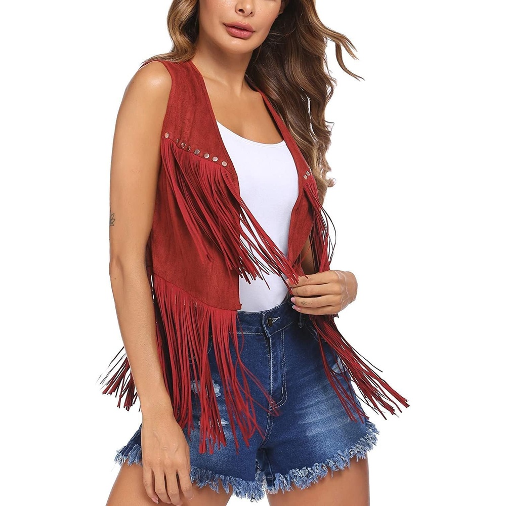 image:imageWomen Tassel Studded Vest Sleeveless Flowy Fringe Jacket 60s 70s Faux Suede Gilet Coat Western Cowgirl Vintage TopsCred