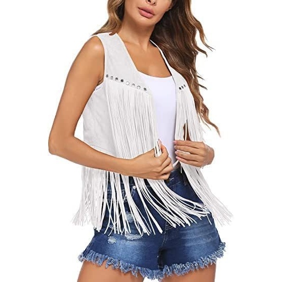 image:imageWomen Tassel Studded Vest Sleeveless Flowy Fringe Jacket 60s 70s Faux Suede Gilet Coat Western Cowgirl Vintage TopsCwhite