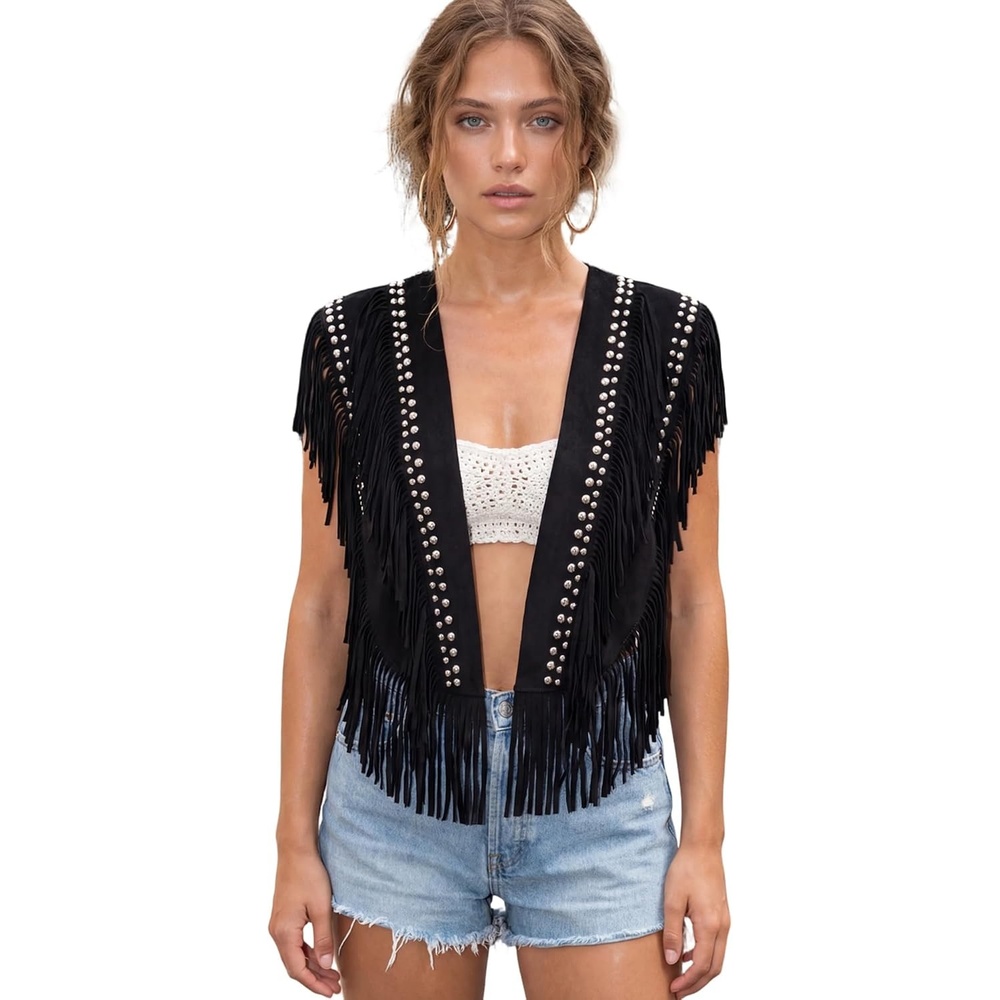 image:imageWomen Tassel Studded Vest Sleeveless Flowy Fringe Jacket 60s 70s Faux Suede Gilet Coat Western Cowgirl Vintage TopsDblack