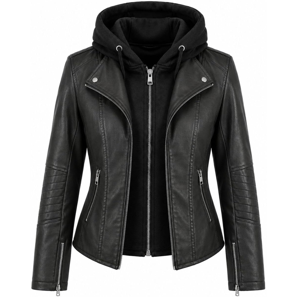 image:imageWomens Cropped Faux Leather Jacket with Removable Hood and Ribbed Side PanelsBlack