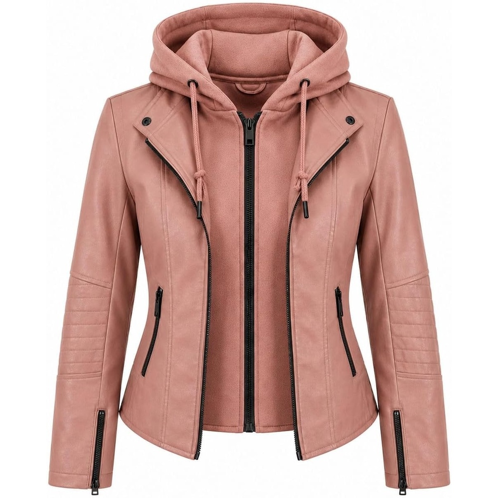 image:imageWomens Cropped Faux Leather Jacket with Removable Hood and Ribbed Side PanelsMauve