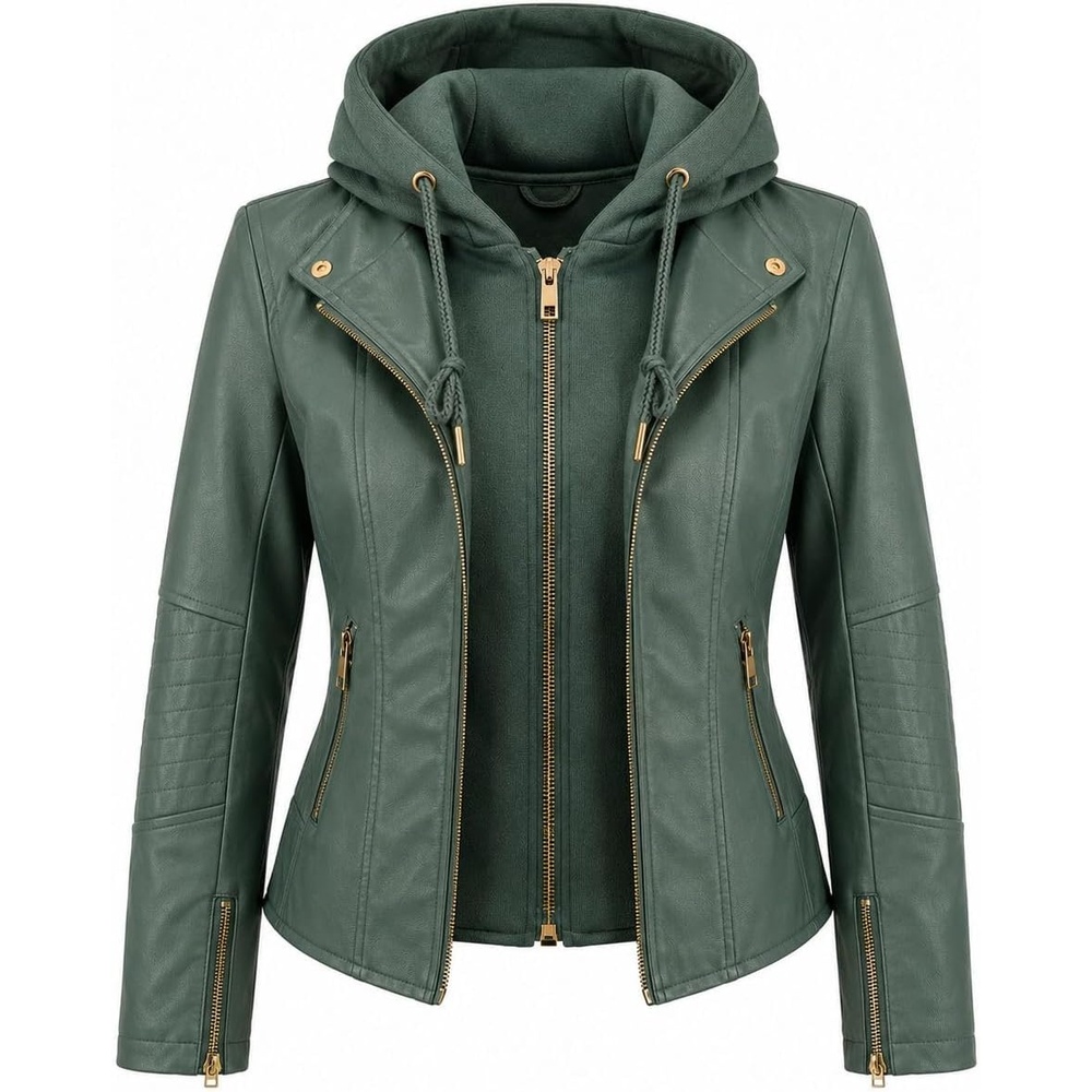 image:imageWomens Cropped Faux Leather Jacket with Removable Hood and Ribbed Side PanelsSage