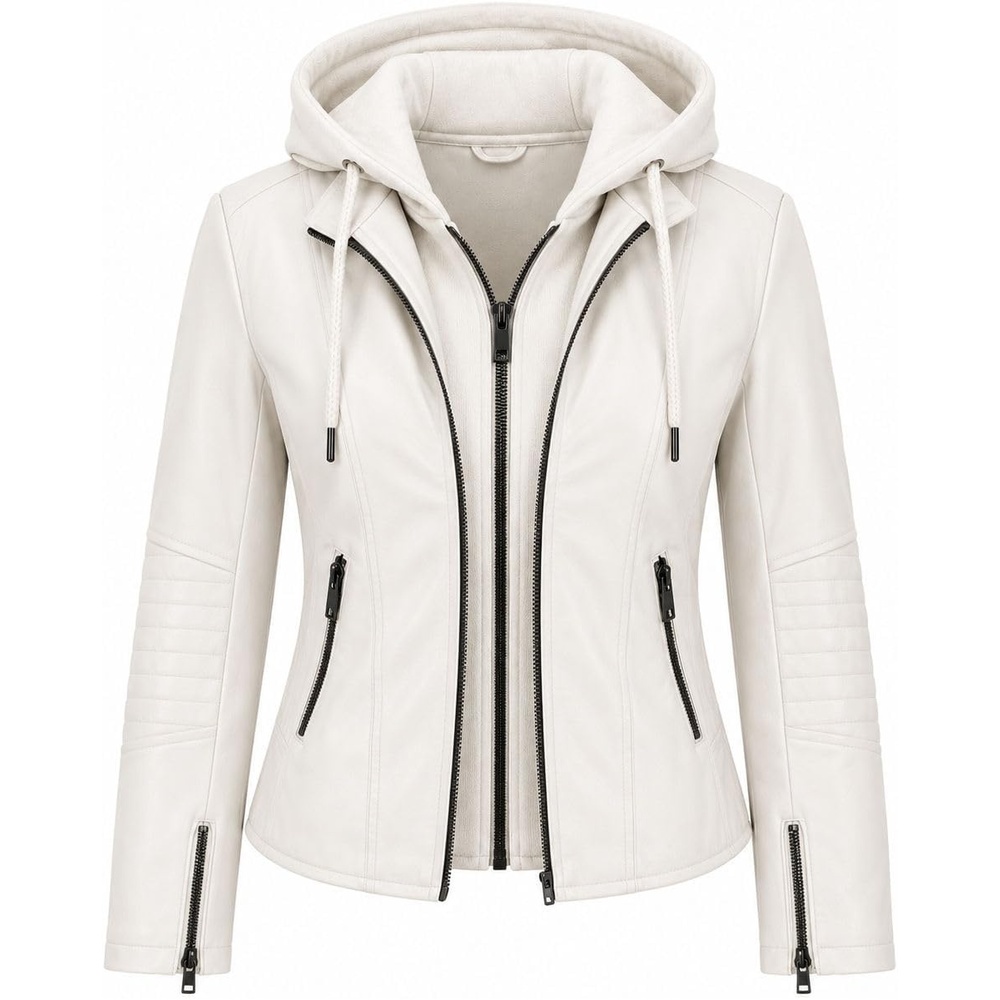image:imageWomens Cropped Faux Leather Jacket with Removable Hood and Ribbed Side PanelsWhite