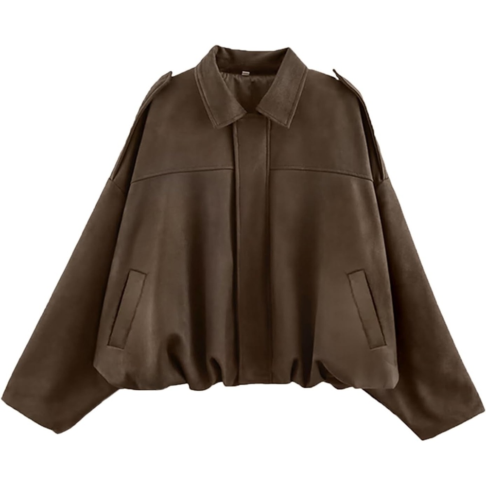 image:imageWomens Faux Suede Bomber Jacket Oversized Long Sleeve Cropped Coat Lightweight Going Out Suede Jackets 2 Pockets Lapel Collar Batwing Sleeve Zip up Outerwear for Casual Daily VacationBrown