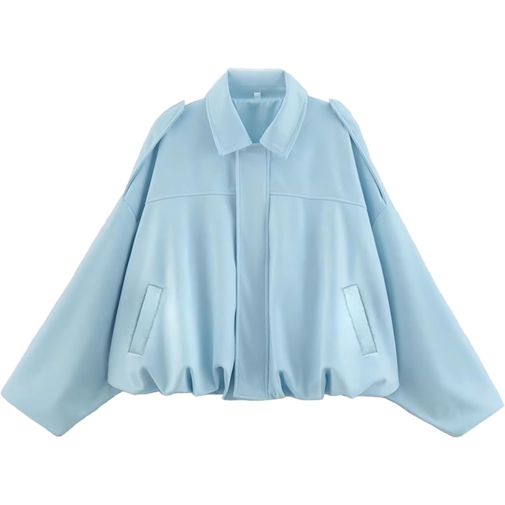 image:imageWomens Faux Suede Bomber Jacket Oversized Long Sleeve Cropped Coat Lightweight Going Out Suede Jackets 2 Pockets Lapel Collar Batwing Sleeve Zip up Outerwear for Casual Daily VacationBlue